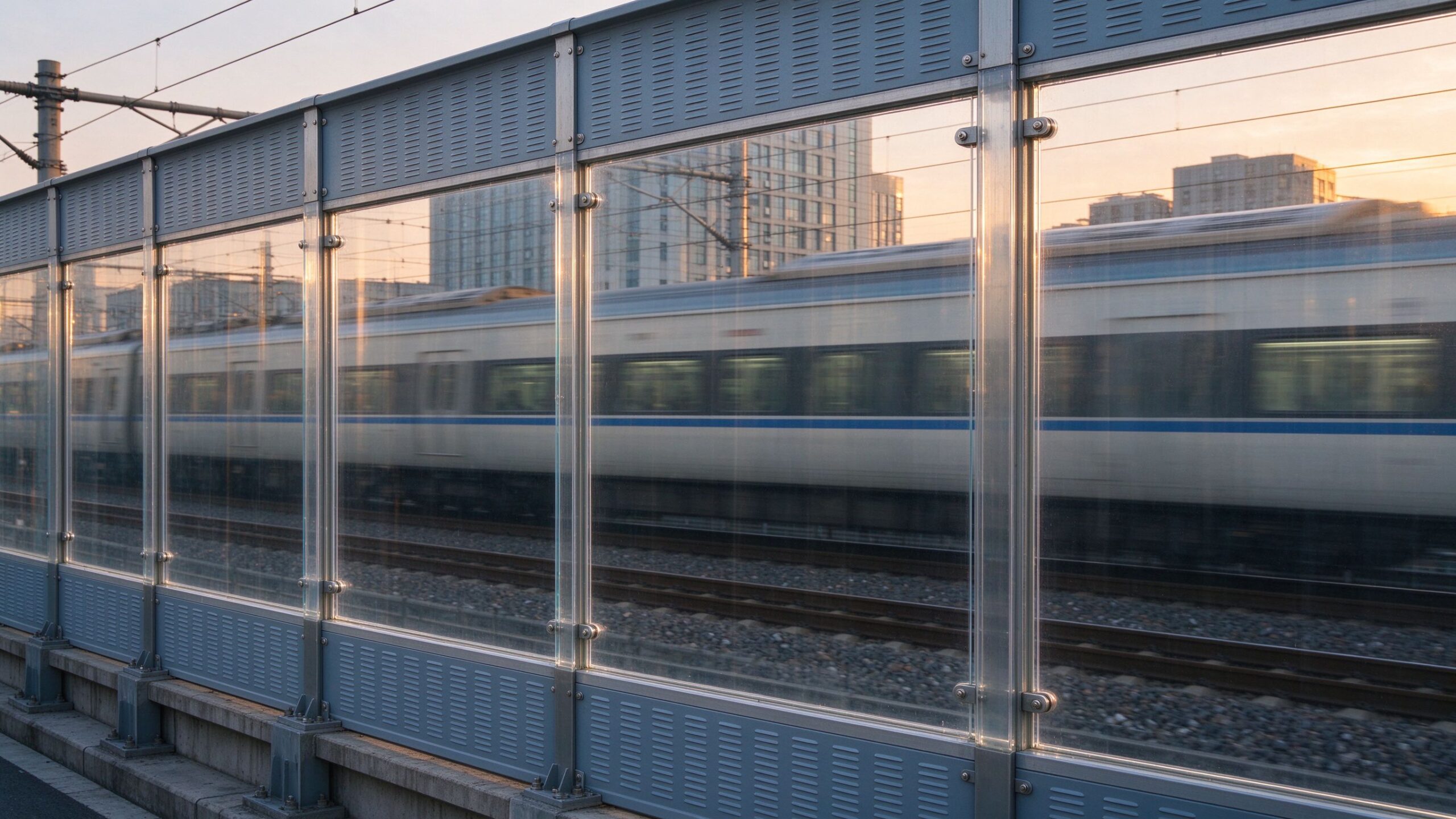 transparent railway noise barrier acrylic panel along rail line
