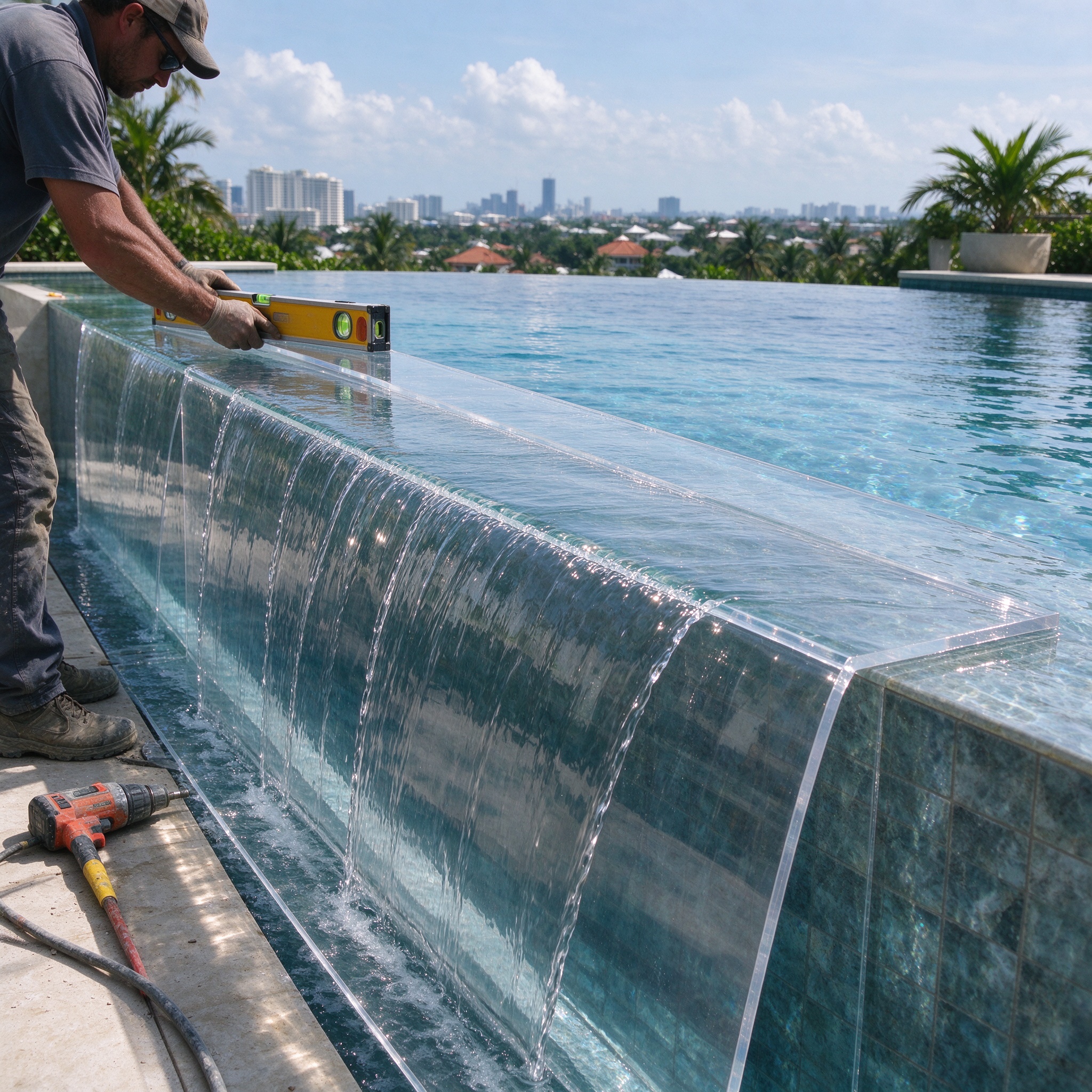 infinity pool acrylic panel transparent wall installation